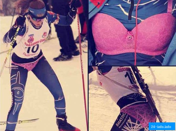 Юная спортсменка начала гонку по биатлону в нижнем белье (7 фото)