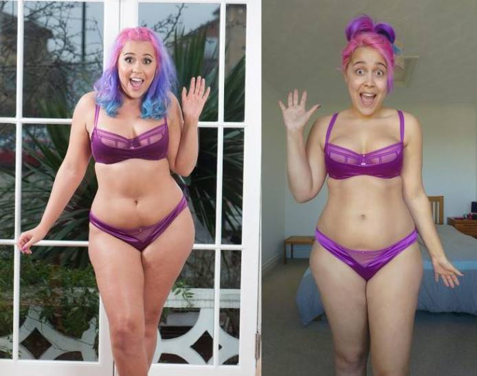 Фото: модель plus-size Меган Краббе демонстрирует разницу между маркетинговыми изображениями и реальностью.